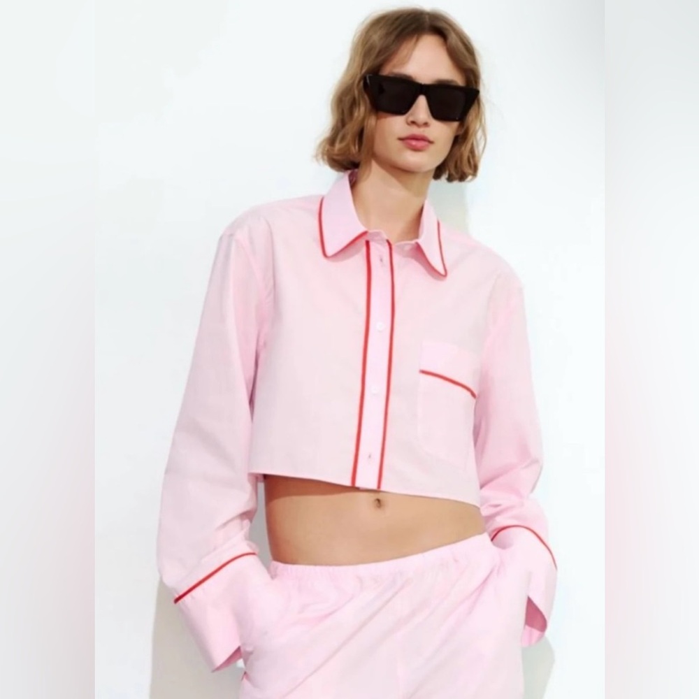 NWT Zara Pink Cropped Button-Up Shirt with Red Piping